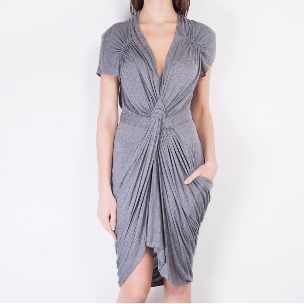 BCBG Heather Gray Knot-Front Midi Dress